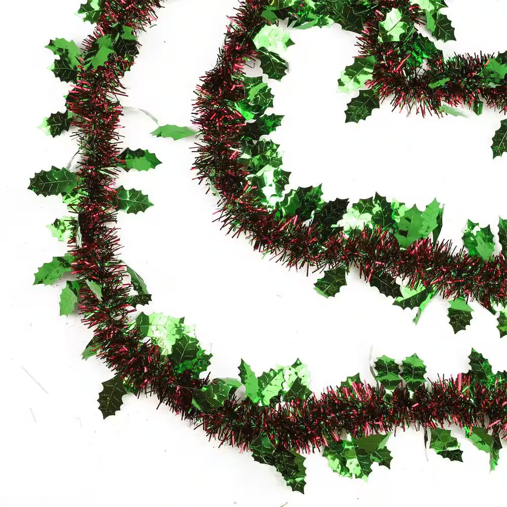 50 Ft. 8 Ply Unlit Shiny Red and Green Christmas Tinsel Garland with Green Holly