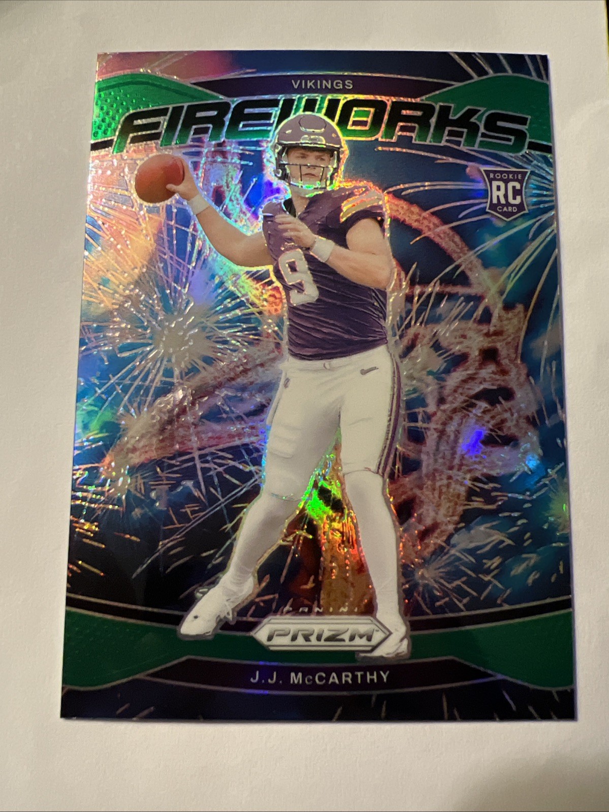 2024 Panini Prizm - Fireworks J.J. McCarthy #18 Green Prizm (RC)