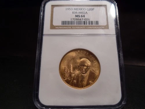 1953 MS64 Mexico Gold 20 Pesos Medallic Issue (Birth of Hidalgo) NGC Certified