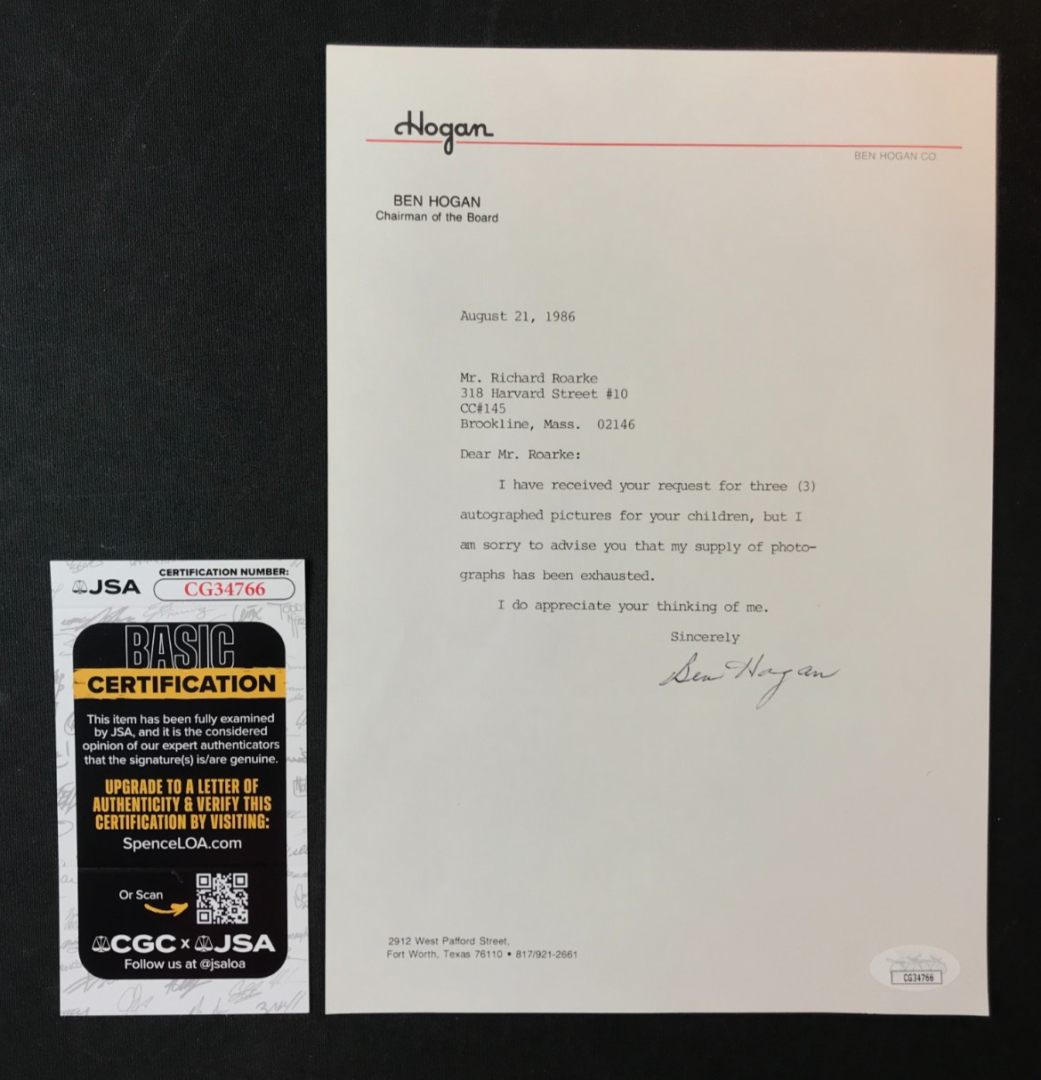 Ben Hogan Autographed Signed Type Letter JSA w/COA "The Hawk" PGA Iconic Golfer (d.'97) WOW! 