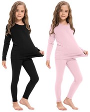 2 Pack Girls Thermal Underwear Set Fleece Lined Thermals Top and Bottom Base ...