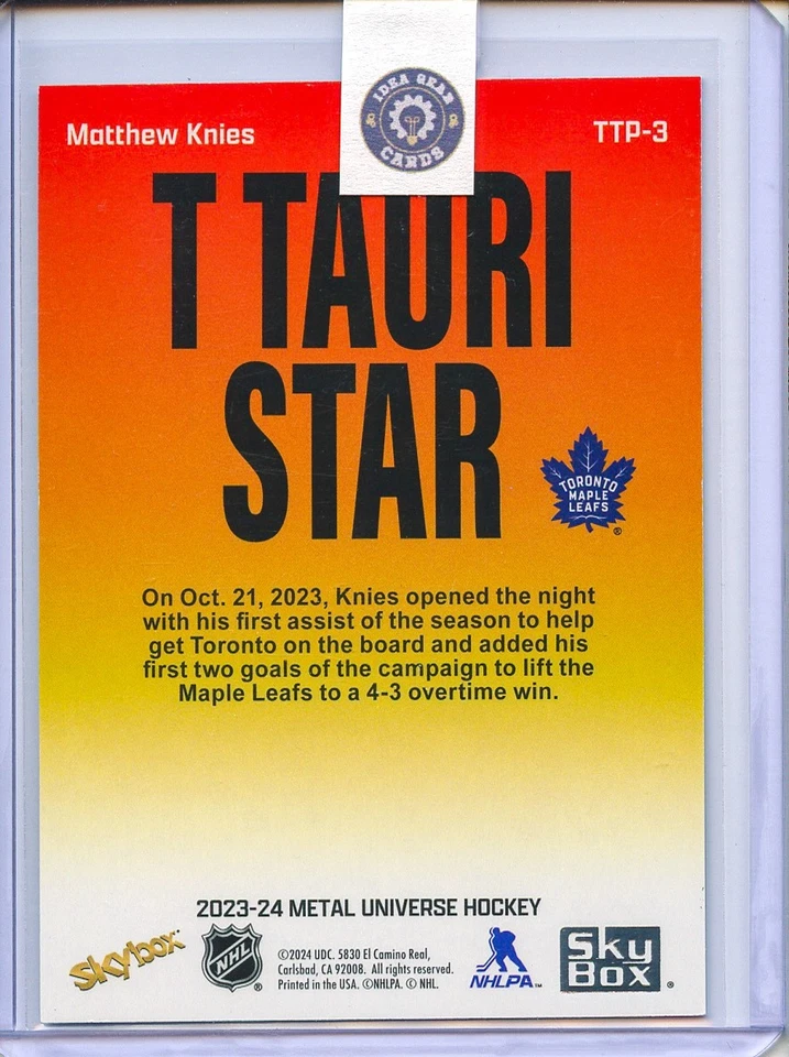 Matthew Knies Rookie #TTP-3 2023-24 SkyBox Metal Universe T Tauri Phase Toronto - Image 2 of 2