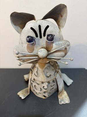 Vintage Rusty Metal Cat Garden Art Sculpture Lantern 11  w/ Blue Eyes