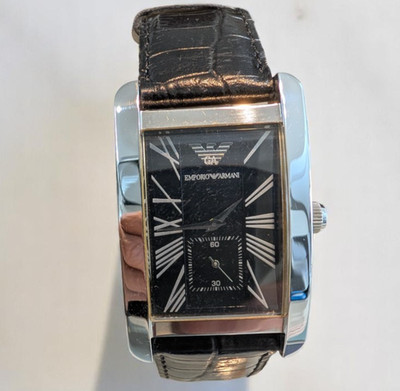 Emporio Armani Men's Watch AR-0143 Rectangular Black Dial Leather Strap
