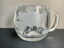 NESTLE Mug World Map Etched Glass Coffee Tea Mugs Cups 8oz Cup Globe Set Of 4