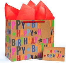 LaRibbons 13" Large Kraft 13 x 10.5 x 5.5, Text Happy Bithday & Stars 