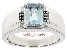 Natural Blue Topaz & Heated Sapphire With White Gold Plated Silver Men Ring #485