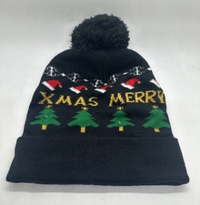 LED Black Pompom Christmas Xmas Light-Up Winter Hat One Size