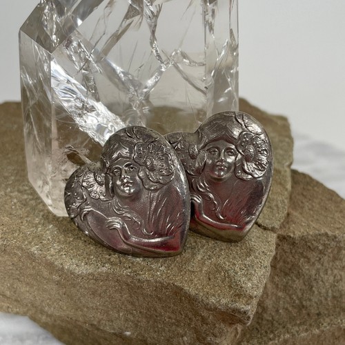 Orecchini Vintage ART NOUVEAU LADY FACE CUORE Peltro Argento Clip On Ispirazione Antica - Foto 8 di 11