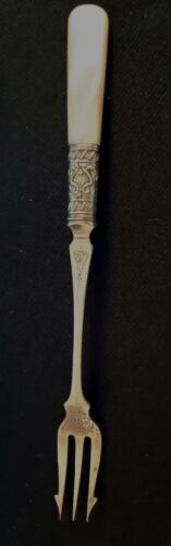 Antique Silver Plate Pickle Fork M.O. PEARL &  SILVER Handle 1800 Era - Picture 1 of 6