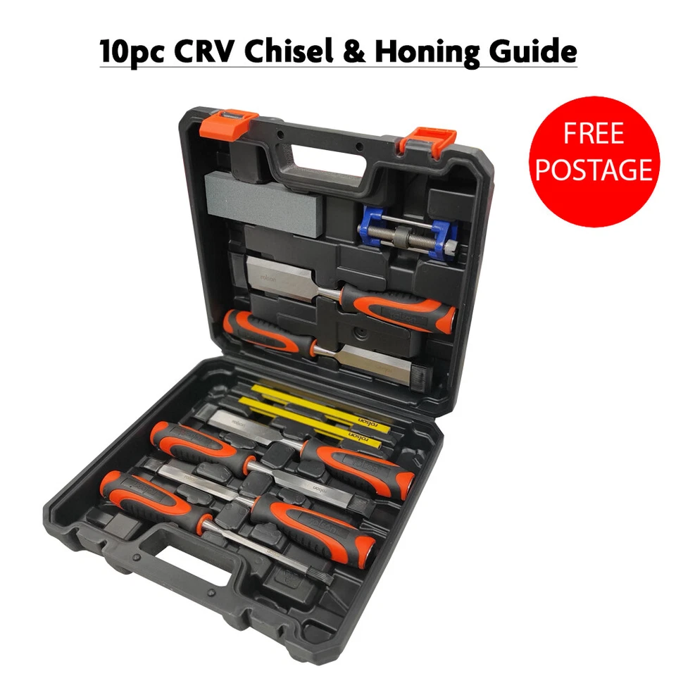 Wood Chisel Set 10 pcs & Sharpening Stone + Honing Guide & Pencils Carpentry - Image 2 of 4