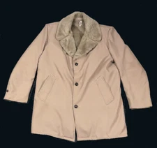 VTG 70s Beige 3-Button Top Coat Faux Fur Collar Lined Overcoat USA Made 44