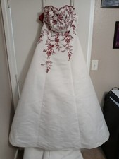 David's White Satin Apple Red Embroidery Strapless Wedding Dress Size 4