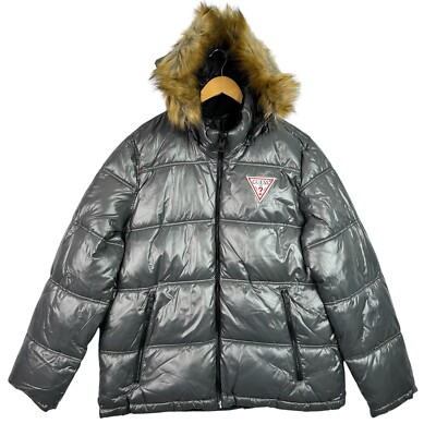 Guess Mens Puffer Jacket XL Gray Faux Fur Hood Quilted Winter Coat NWT
