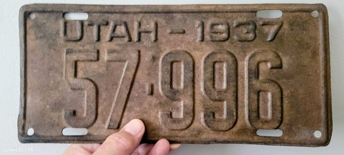 1937 Utah License Plate Original Antique Pre-War Automobile Car Tag SCARCE