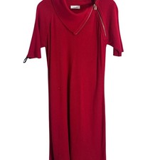 Calvin Klein Red Knit Dress Cowl Neck Gold Zipper Detail Short Sleeve