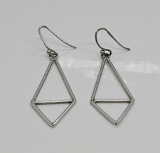 Diamond-Shaped Earrings Silver Tone Dangle Marked Signed 2"