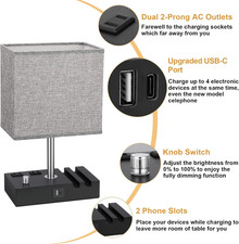 Fully Dimmable Nightstand Lamp for Bedroom with USB C Ports, Grey Small Bedsi...