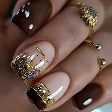 24PCS Gold/Brown Glitter French Press-On Nails w/ Rhinestones - Party Glam