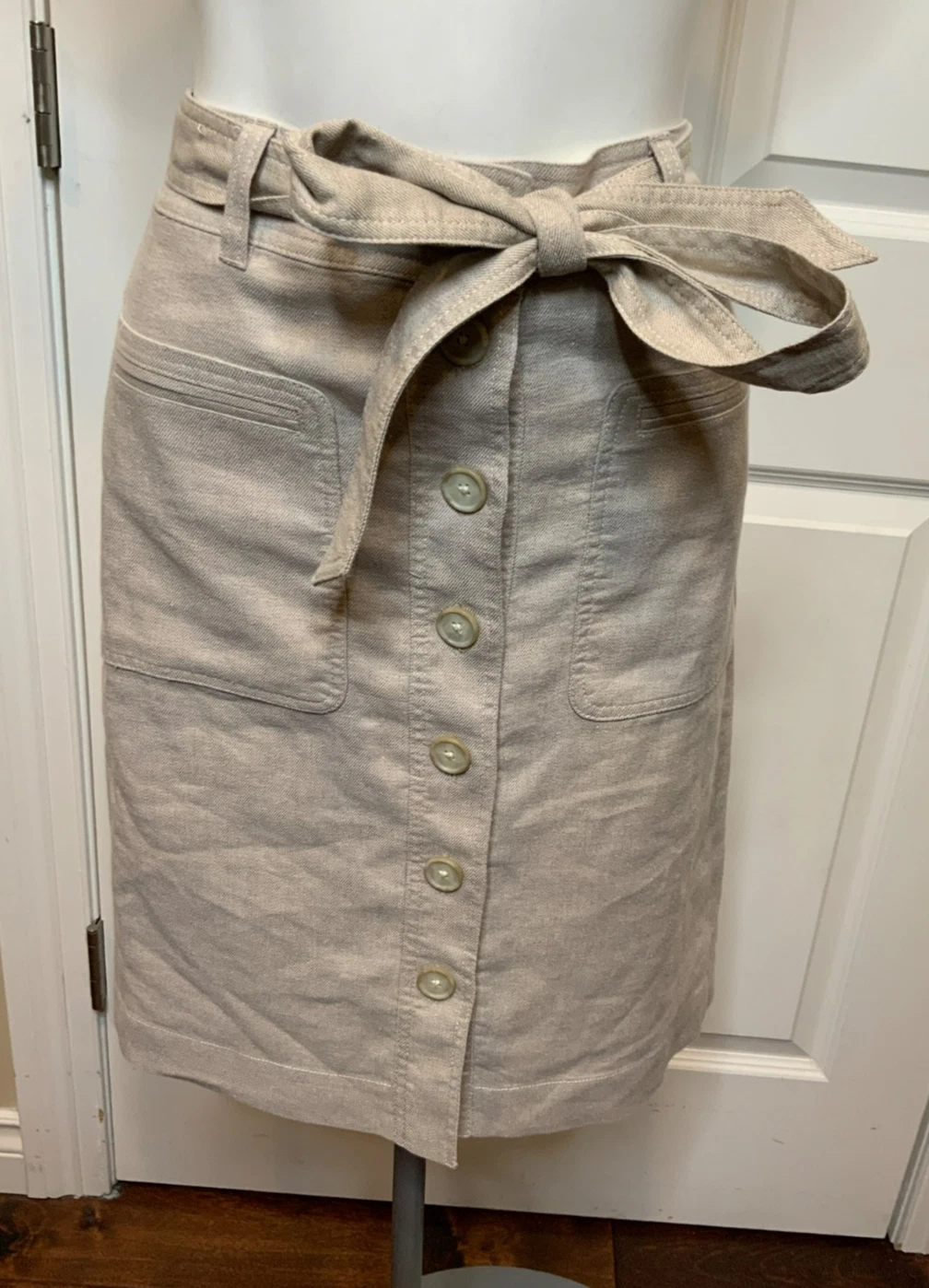J. Crew Light Gray Linen Blend Button Front Belted Pencil Skirt, Size 2