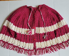 Vintage Crochet Cape Poncho Cranberry and pearl off white button Child
