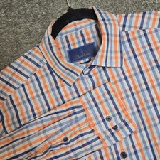 David Donahue Fusion Button Up Shirt Mens Size Large 16.5 Blue Orange Gray Check