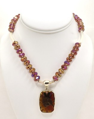 VTG STARBORN STERLING 925 LAVENDER AB BEADS AND BROWN DRUZY PENDANT NECKLACE