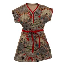 Boutique Boho Tribal Print Tie Waist Tunic Dress Beige Red Women's S