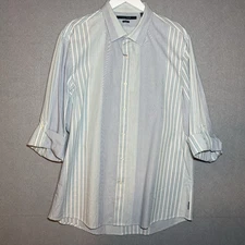 Perry Ellis Men XL Vertical Stripe Button Up Slim Fit Shirt Roll Tab Sleeve Cuff
