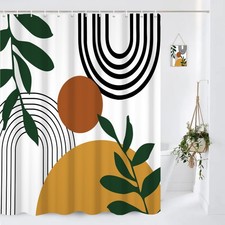 Boho Geometric Shower Curtain White Beige Mid Century Abstract Arch Curve Bat...