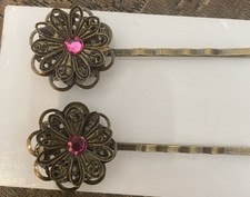 2 Retro Vintage Bronze Filigree Flower w/ Pink Crystal Bud Bobby Pins