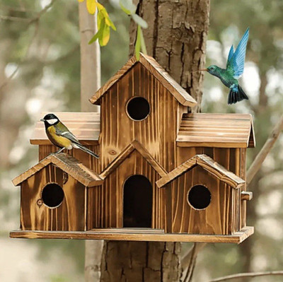 Aspen Wood Birdhouse 6 Entrance Villa Style Outdoor Hang Birds or Hummingbirds