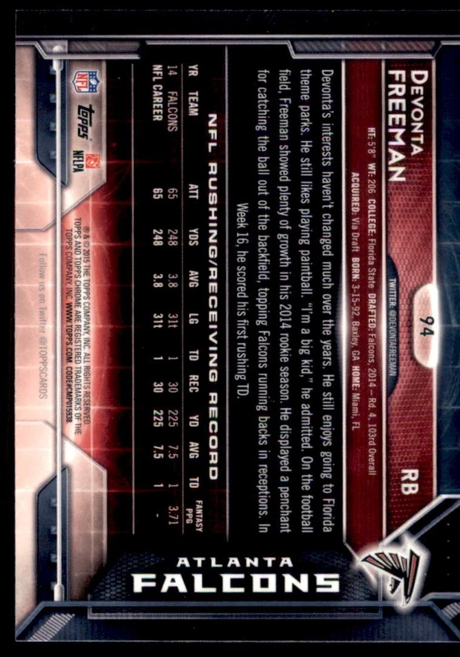 2015 Topps Chrome - Devonta Freeman #94 - Image 2 of 2