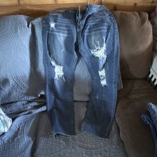 Women's Straight Jeans Medium Wash Blue Denim Distressed Stretch 5-Pocket