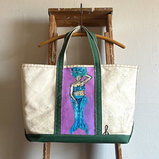 Vintage LL Bean Boat and Tote Hand Painted Mermaid Green Canvas Made in USA