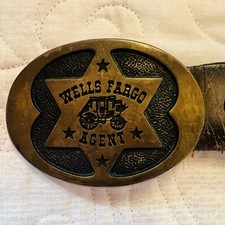 VINTAGE 1977 Solid Brass Wells Fargo Buckle On Tooled Cowhide Belt Extra Long