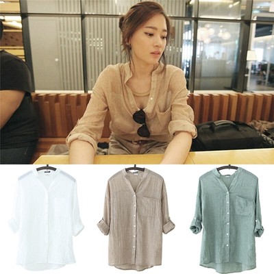 Women Autumn Top Linen Button Down Loose Casual Career Shirt Long Sleeve BloUKJO