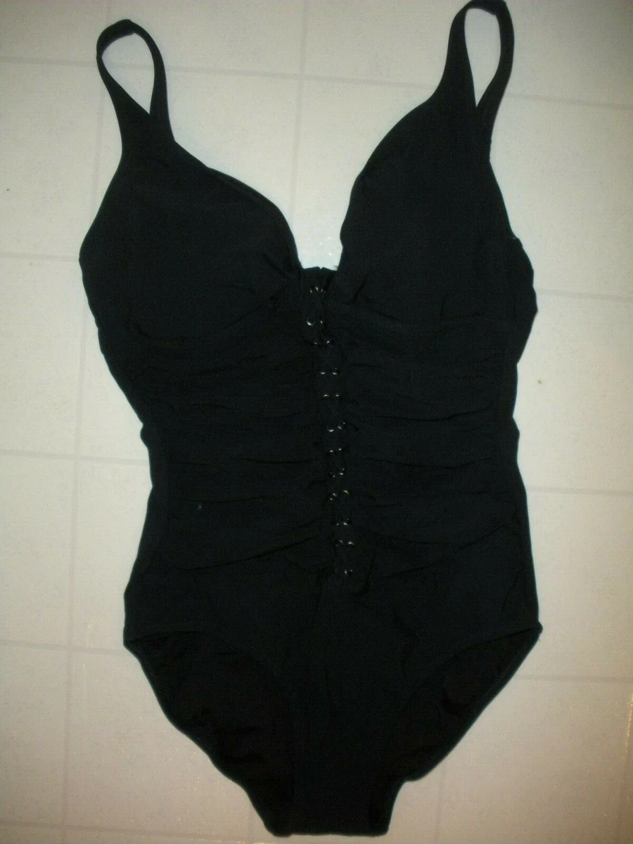 Profile By Gottex Black Moto 1 Pc V Neck Swimsuit Sz 10 D Cups NWT