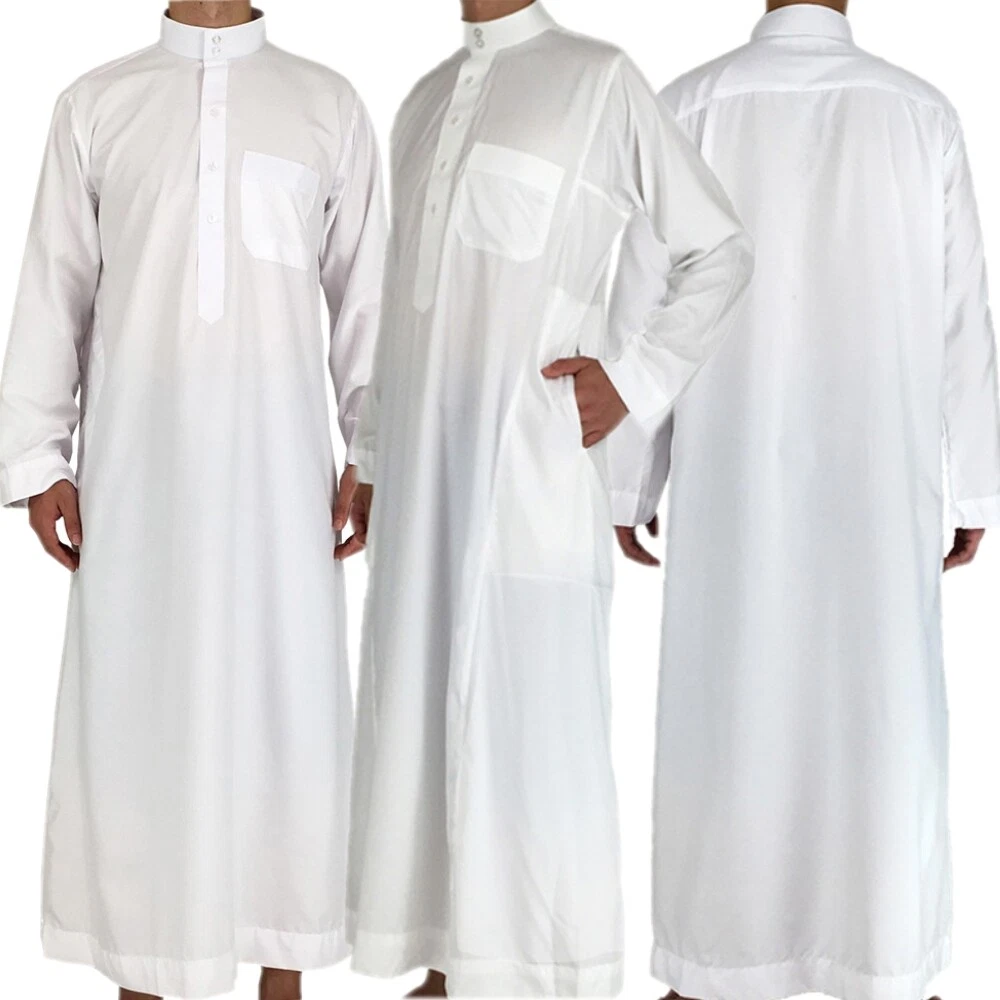 Men White Jubba Thobe Saudi Arab Jalabiya Long Sleeve Abaya Kaftan