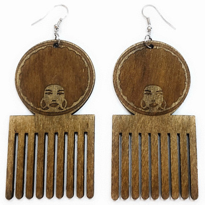 TB Puff Afrocentric African Afro Pick Comb Style Wood Women Hair Dangle Earrings
