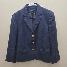 Chaps 100% Linen Single Breasted Blazer Jacket Business Office Career Blue SZ 8