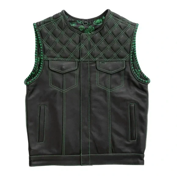 Mens Real Diamond Stitched Green Paisley Leather Motorcycle Concealed-Carry Vest