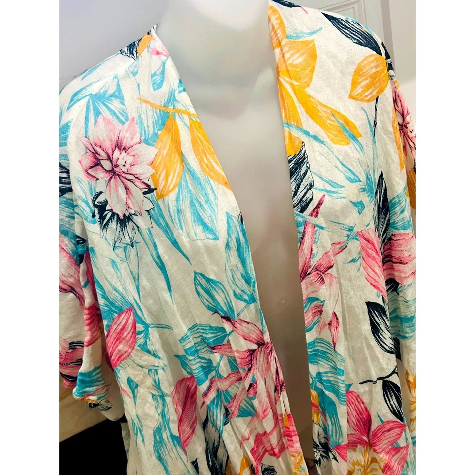 C&C California Women One Size 100% Linen Tropical Floral Print Kimono Duster - Image 2 of 4