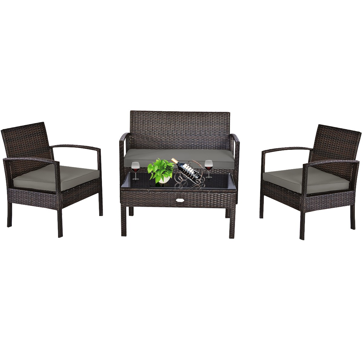 4PCS Outdoor Patio Rattan Furniture Set Cushioned Sofa Coffee Table Deck alternate view 2