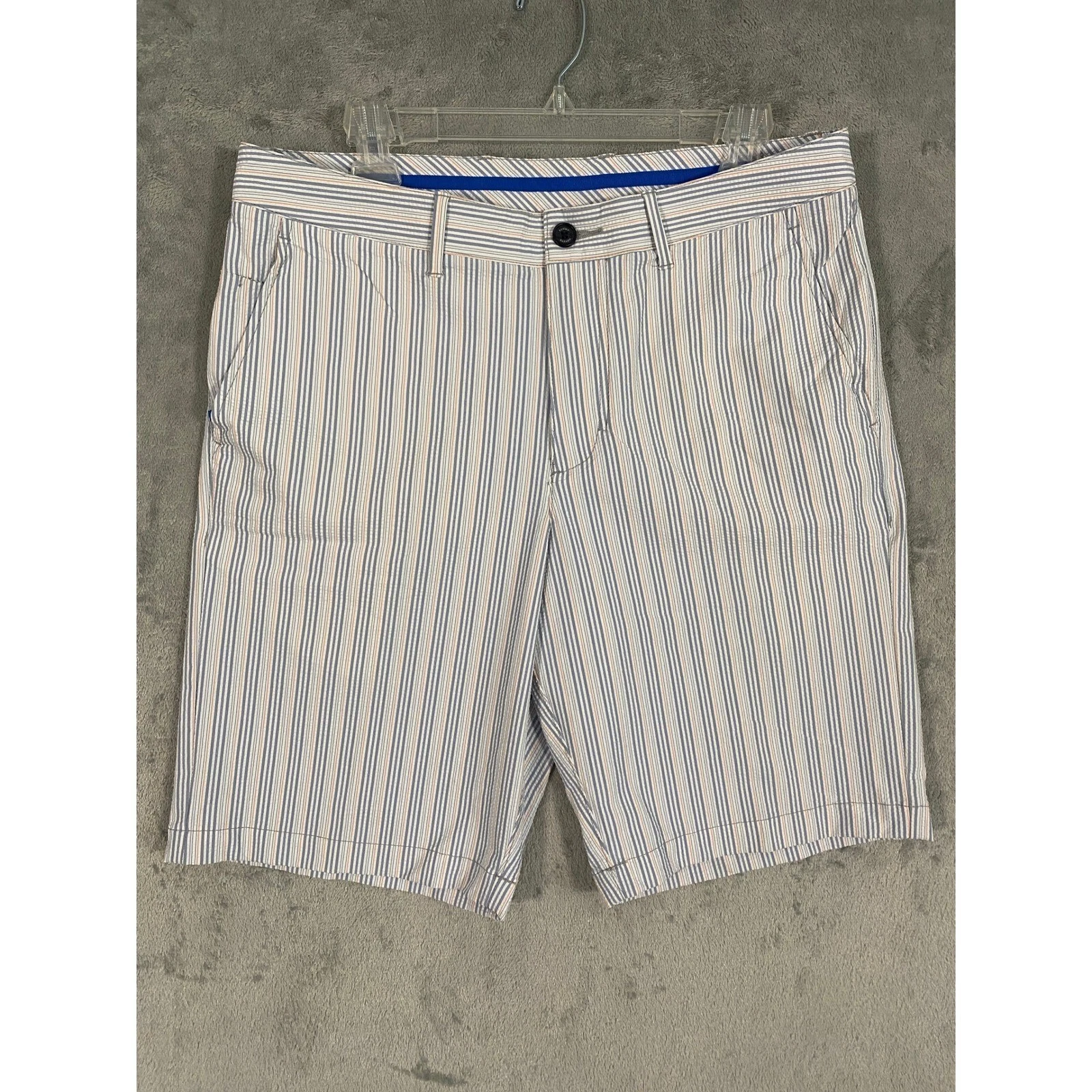 Tommy Bahama Shorts Sz 32 Blue Orange Stripe Seersucker Quick Dry Coastal Golf