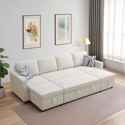 Beige U-Shape Sleeper Sofa Bed with Storage Chaise for Living Room & Office