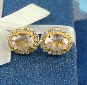 Authentic Rose Quartz Stud Earrings Halo Dainty Delicate Simple 18k Gold Plated Silver