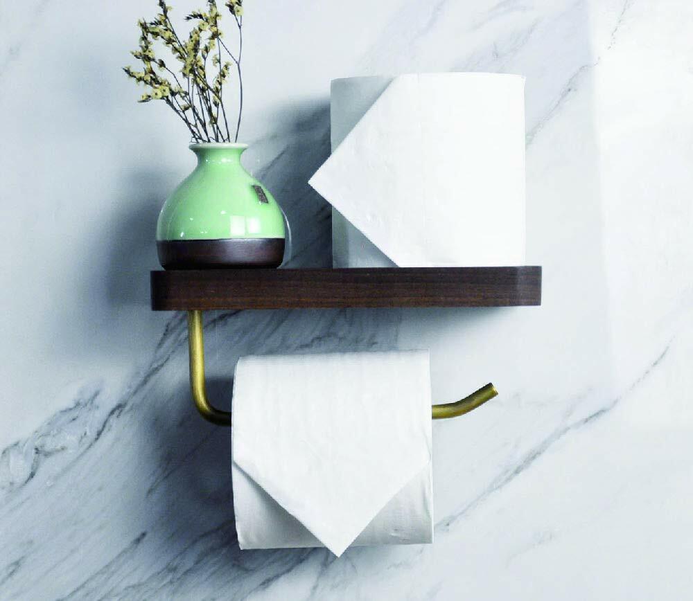Towel Rack Toilet Paper Holder with Shelf Wall Mounted Walnut Wood Copper Bar