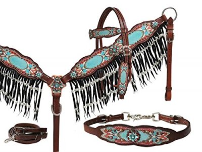 Showman Antique Inspired Print Leather Headstall & Breast Collar Set w/ Pearl