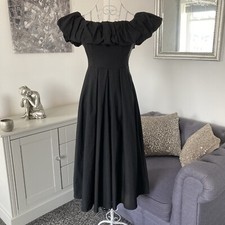 True Violet Black Exaggerated Ruffle Bardot Fit & Flare Side Zip Midi Dress 8